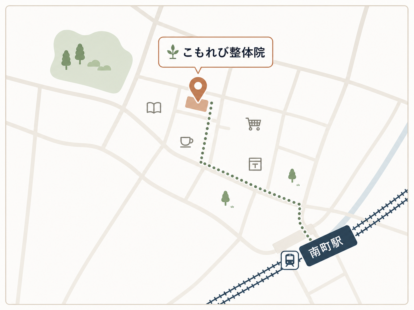 南町駅からこもれび整体院までの徒歩ルート地図