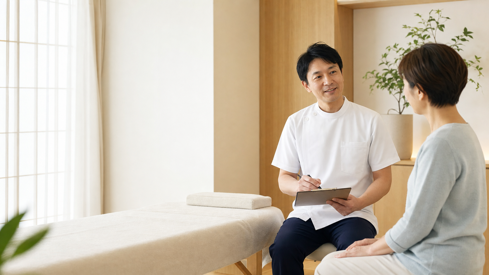 明るい整体院で施術者が来院者に丁寧に説明している様子